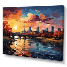 a painting of a sunset over a river