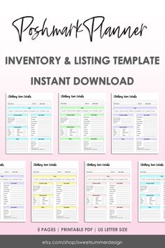 the printable inventory and listing template is shown with five different items for each item