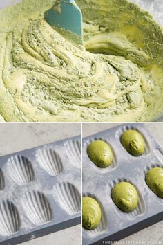 three pictures showing how to make green cake batter