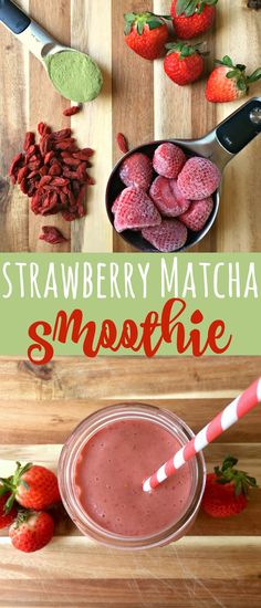 strawberry matcha smoothie with strawberries on the side