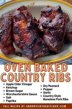 an advertisement for oven baked country ribs on a plate