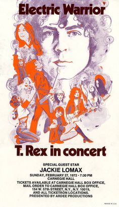 an old concert poster for the electric warrior featuring t rex in concert with jackie lomax