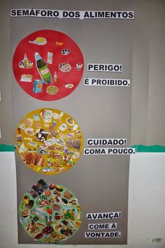 a sign with three different types of food on it's sides and the words semafoo dos almenetos written in spanish