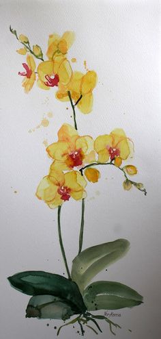 a painting of yellow flowers with green leaves