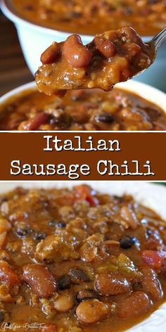 italian sausage chili with beans in a white bowl and on a brown background is a spoon full of soup