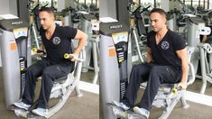 a man sitting on an exercise machine in a gym