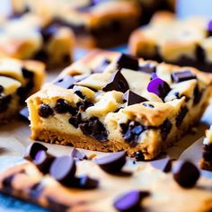 chocolate chip cookie bars with one cut in half