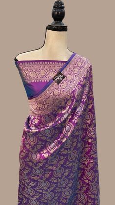 Pure Katan Silk Banarasi Handloom Saree - All over Sona Roopa Jaal work Purple Jamawar Saree, Purple Jamawar Saree For Transitional Season, Transitional Purple Jamawar Saree, Transitional Season Purple Jamawar Saree, Fitted Purple Dupatta With Zari Weaving, Unstitched Purple Brocade Saree, Purple Brocade Saree With Dupatta, Transitional Purple Brocade Dupatta, American Diamond Jewellery