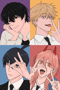 four different anime characters with their fingers in the air and one holding his face up