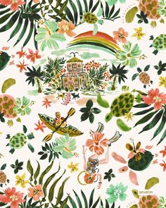 a white wallpaper with lots of flowers and plants on the bottom right corner is an image of a house surrounded by palm leaves