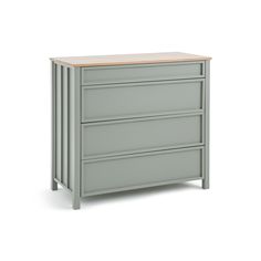 a grey dresser with three drawers and a wooden top on an isolated white background, side view