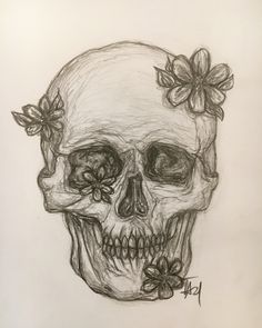 a drawing of a skull with flowers in its hair