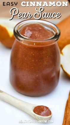 an apple cinnamon pear sauce in a glass jar