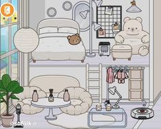 a room filled with furniture and a teddy bear sitting on the bed next to a window