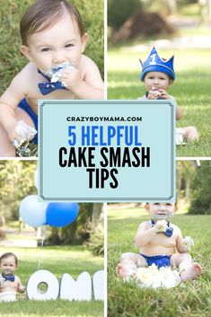 a baby sitting in the grass wearing a blue hat and eating cake with balloons around him