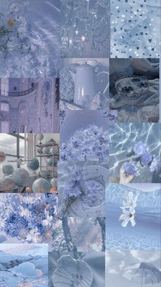 a collage of blue and white images