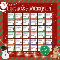 a christmas scavenger hunt with santa clause and snowman on it, surrounded by lights