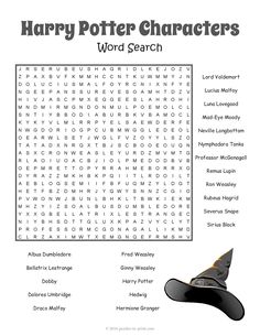 the harry potter character word search is shown in black and white, with purple background