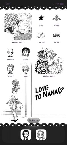 a black and white poster with some drawings on it's back side, including the words love to nana