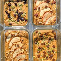 four glass baking dishes filled with different types of baked goods and toppings on top of each other