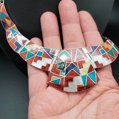 Unique Multicolor Inlay Necklaces, Unique Multicolor Inlay Necklace, Southwestern Multi-stone Sterling Silver Necklace, Southwestern Sterling Silver Multi-stone Necklace, Artisan Sterling Silver Necklace With Inlay, Artisan Necklace With Inlay In Sterling Silver, Silver Sterling Silver Necklace With Inlay, Silver Southwestern Style Gemstone Necklace, Silver Southwestern Necklace With Gemstone