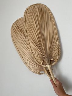 a hand holding a large bamboo fan on top of a white wall