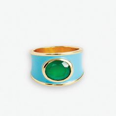 Hazel Oval Stone With Enamel Band Ring Light Blue/Green Wholesale- Size 8 RING Oval Enamel Ring With Gemstone As Gift, Oval Enamel Ring With Gemstone Gift, Formal Green Oval Enamel Ring, Elegant Green Oval Enamel Ring, Oval Green Enamel Ring With Gemstone, Light Blue Green, Oval Stone, Green Onyx, Accessories Branding