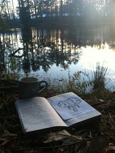 an open book sitting on top of a field next to a lake with a coffee cup