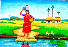 a painting of a woman holding a pot over her head while standing in the water