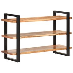 a wooden shelf with two black metal shelves