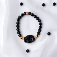 This gorgeous BLACK ONYX BRACELET with sparkling BLACK DRUZY STONE is from our very special Black Onyx collection.  Wear this bracelet when you are starting your own business, when signing a contract, when public speaking or if you are trying to lose weight, as it gives you self-control, strengthens will-power and self-discipline, increases your confidence and reduces stress (you will find more information about the power of Black Onyx stone in the collectible card which comes FOR FREE with ever Personal Energy, Black Onyx Bracelet, Druzy Jewelry, Birthstone Bracelet, Druzy Quartz, Black Onyx Stone, Jewelry Black, Onyx Bracelet, Bracelet Women