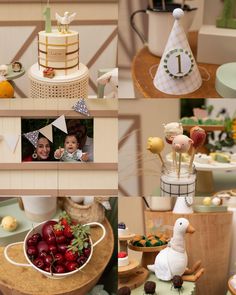 a collage of photos with various cakes and desserts on display at a birthday party