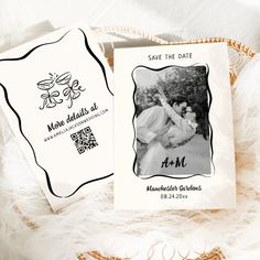 two wedding save the dates cards in a basket