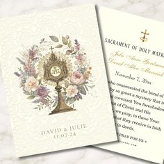 the wedding card is decorated with flowers and an ornate clock on it's front