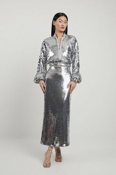 Sequin Front Split Woven Midi Skirt | Karen Millen Long Sleeve Sequin Midi Dress, Sequin Dress With Boots Midi, Sequins Midi Skirt, Casual Work Pants, Tall Skirt, Sequined Skirt, Skirt Collection, Outfits For Mexico, Spring Wedding Guest Dress