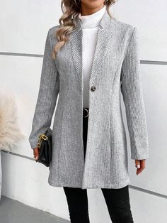 Shop Affordable  Women Plain Casual Lapel Collar Daily Autumn Jackets On Justfashionnow.com Stylish Winter Coats, Blazer Casual, Elegant Blazers, Perfect Coat, Long Sleeve Outerwear, Grey Coat, Stylish Jackets, Casual Blazer, Blazer Fashion