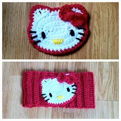 two pictures of hello kitty crocheted purses