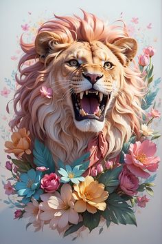 a painting of a lion with flowers around it's neck and its mouth open