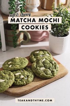 matcha mochi cookies on a cutting board with text overlay reading soft and chewy matcha mochi cookies