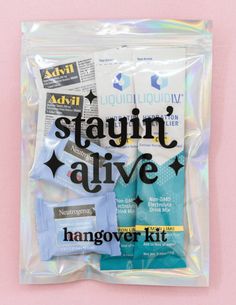 an advertise package with the words stayin alive on it