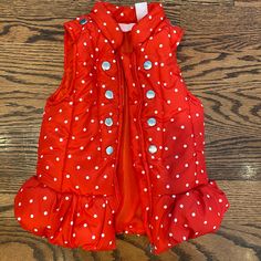 Adorable Red Puffer W White Polka Dots Silver Button Details Heart Zipper Smoke Free Home Worn Once Perfect Brand New Condition 16 Inch Length Ships Fast!! Red Puffer, Red Polka Dot, Puffer Vest, Kids Jacket, White Polka Dot, Hosiery, Red White, Polka Dot, Puffer