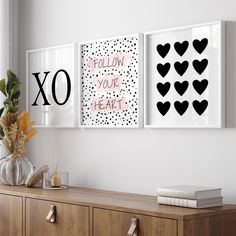 This set of three modern wall art designs is perfect for teenage girls bedroom decor or tween girls bathroom decor!  Designs shown are: XO Typography Art, Follow Your Heart quote (highlighter style with dainty polka dot background), and All the Hearts Art.  Customize in the size and colors of your choice.  Available as unframed PRINTS or ready to hang CANVAS! SIZING OPTIONS: Available sizes and pricing for both canvas and prints are listed on the "PRINTS OR CANVAS" drop down menu. Sizes are for each piece in the set. PRINT OPTION: Each piece is freshly printed to order on Ultra Premium Luster heavyweight paper using Epson UltraChrome Pigment Ink that will last under glass for over 200 years. Your print will be archival, water-resistant, and fade-resistant... simply gorgeous! Vibrant colors Teen Wall Art Bedroom, Xo Print, Girl Bathroom Decor, Girl Wall Decor, Teen Girl Wall Art, Wall Decor Black And White, Room Decor Pink