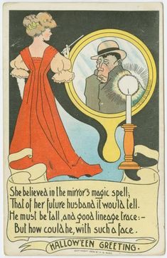 an advertisement for halloween greetings featuring a man looking at himself in the mirror with a woman