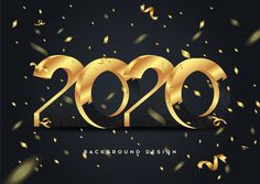 a black background with gold numbers and confetti in the shape of numbers 2020