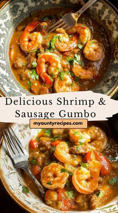 delicious shrimp and sausage gumbo is served in a bowl with a fork