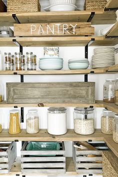 the pantry is stocked with lots of food and dishes, including bowls, pans, and other items