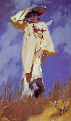 an oil painting of a woman in a white dress and hat standing on a hill