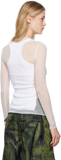 Cotton ribbed jersey and sheer nylon mesh T-shirt. · Layered construction · Crewneck · Logo-printed loop at chest · Raw edge at hem and cuffs Part of the Fashion Fiction collection. Supplier color: White/White White Crew Neck Top With Sheer Sleeves, Nylon Stretch Top With Sheer Sleeves, Stretch Nylon Top With Sheer Sleeves, White Fitted Mesh Sleeve Top, Fitted White Mesh Sleeve Top, Fitted White Mesh Top With Mesh Sleeves, Stretch Mesh Top With Mesh Back And Crew Neck, Fitted Crew Neck Top With Mesh Back, White Mesh Top With Mesh Sleeves