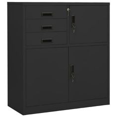 a black filing cabinet with two doors and three drawers on the bottom, one door open