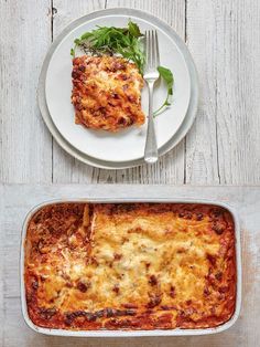 a casserole dish on a plate with a fork and knife next to it